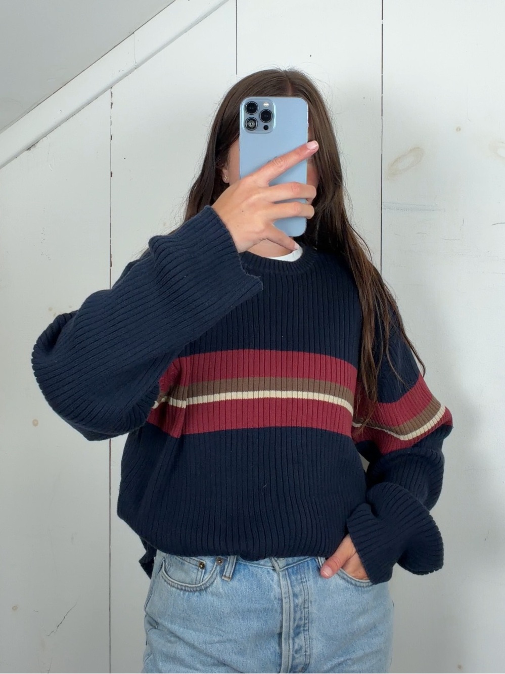 Vintage Timberland Navy Chest Stripe Ribbed Crewneck Sweater Men’s L Rugby Y2K